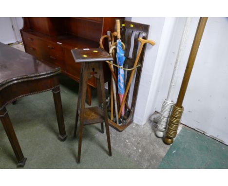 Oak and brass bound stick stand, plant stand and quantity of walking sticks