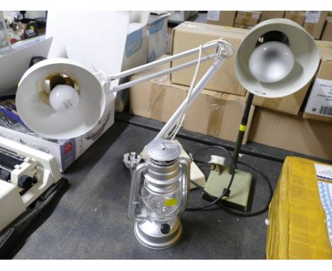 Two vintage adjustable desk lamps and small storm lantern