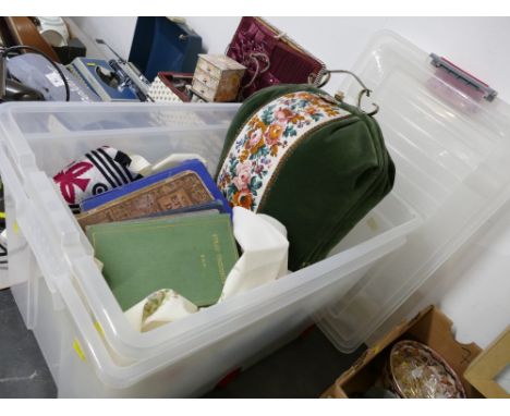 Vintage books, linens, handbag and plastic storage tubs