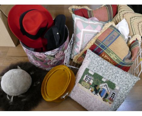 Hat box containing vintage and antique hats, including Windsmoor wool felt hat, and quantity of tapestry and handmade cushion