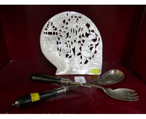 Mother of pearl Oriental plaque and plated serving fork and spoon