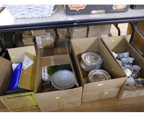 Four boxes of ceramics, cookware, storage tubs etc