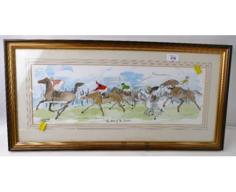 Mark Huskinson (1935-2018) watercolour horse racing scene The Start of The Season, signed and dated 1989, 18 x 53 cm, framed 