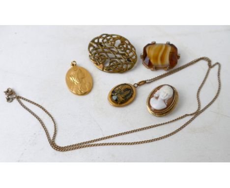 Three brooches, pendant and pendant on chain