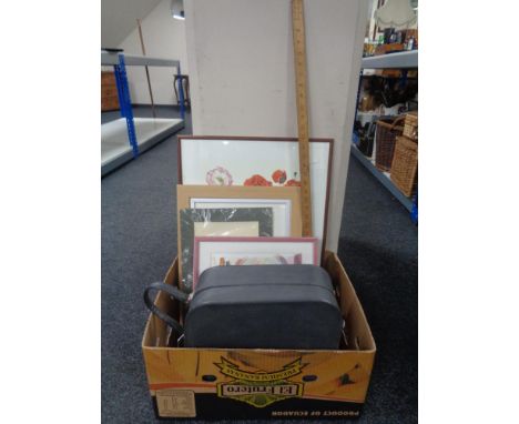 A box containing assorted framed and unframed pictures and prints, signed limited edition prints, wooden ruler and yard stick