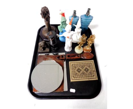 A tray of Robert Olley thinking child and Rover Tyne fish wife ornaments, Isabella Colliery coal miner's lamp, assorted perfu