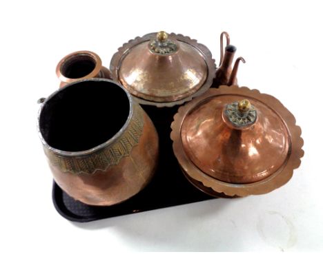 A tray of antique copper wares - pair of lidded pots with brass finials, Eastern teapot, planter 