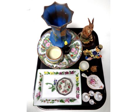 A tray containing antique and later china to include Chinese famille rose plate, Royal Crown Derby Derby Posies tea strainer,