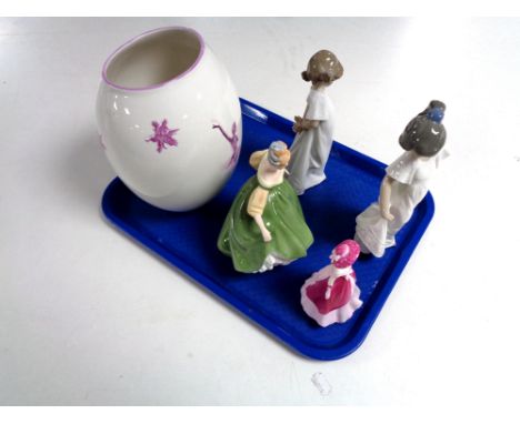 A tray of two Nao figures, Royal Ballet Covent Garden vase, Coalport figure Valentine Debutant, Royal Doulton figure Fair Lad