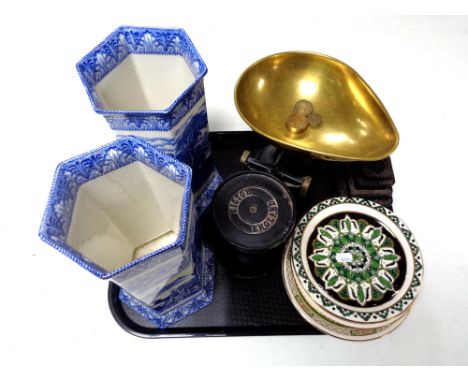 A set of vintage Victor kitchen scales with weights, a pair of antique Royal Cauldron hexagonal blue and white vases and thre