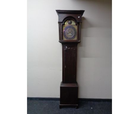 A 19th century oak longcase clock with brass dial, pendulum and weights (a/f) CONDITION REPORT: Lacks glass to hood. Missing 