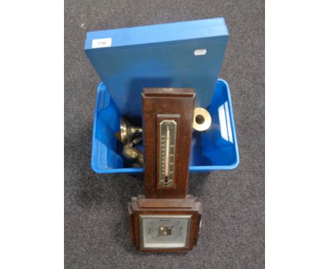 A box of Edwardian oak barometer, pair of candlesticks, brass duck bookends, cased Glockenspiel 