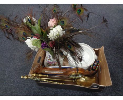 A box containing brass companion pieces, banjo barometer, antique china slop pail, water jug  etc 