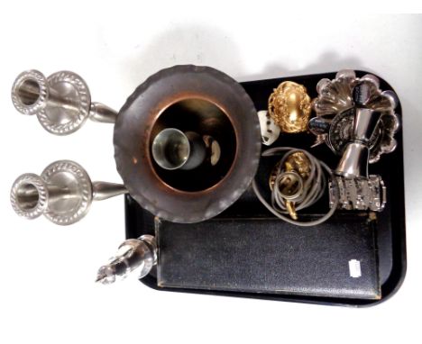 A tray containing cased servers, plated toast rack and sugar sifter, antique copper planter, metal candlesticks etc  