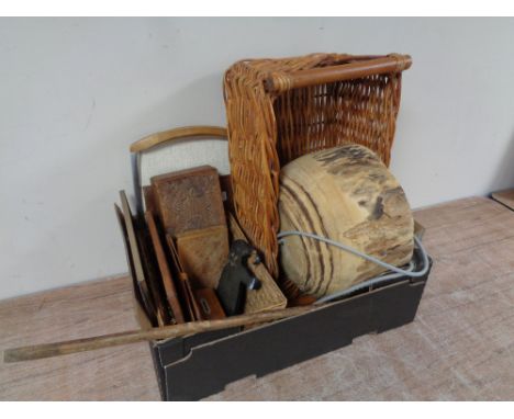 A box of Picquot ware tray, wooden trinket boxes, wooden pendant light fitting, walking stick etc 