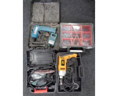 A box containing cased Parkside sander, JCB hammer drill and Makita 9.6 volt electric drill with battery and charger together
