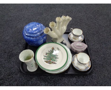 A tray containing assorted ceramics to include pair of Paragon bone china teacups with saucers, Wedgwood Jasperware, lidded p
