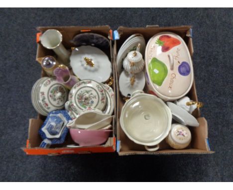 Two boxes containing miscellaneous china to include Indian Tree dinnerware, vases, bread crock, blue and white teapot etc 