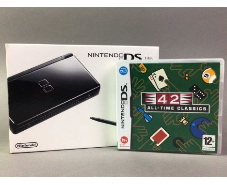 NINTENDO DS LITE CONSOLE AND NINE GAMES in black, the games including The Legend of Zela Spirit Tracks and Phantom Hourglass,