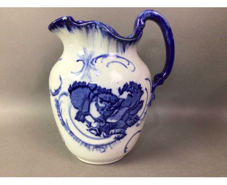 GROUP OF BLUE AND WHITE CERAMICS including a bowl, jug, candlestick and marble traytallest item 21cm