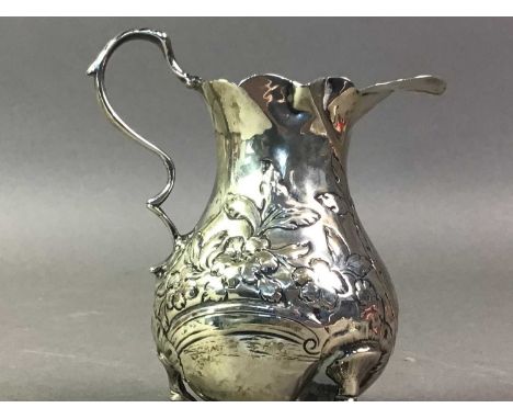 GEORGE III SILVER CREAM JUG AND TWO OTHER SILVER ITEMS comprising a silver decanter label and a silver inkwell