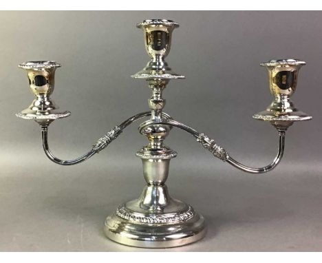 PAIR OF SILVER PLATED THREE BRANCH CANDELABRA  along with a plated water jugcandelabra 29cm highQty: 3