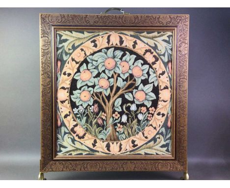 CARVED FIRE SCREEN AND BRASS WARE  the fire screen with embroidered panel, along with brass companion tools and a kettle
