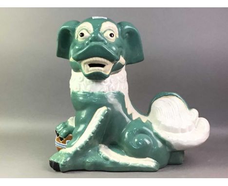 TWO CERAMIC FOE DOGS  each modelled seated, in green and whitethe taller 40cm highQty: 2