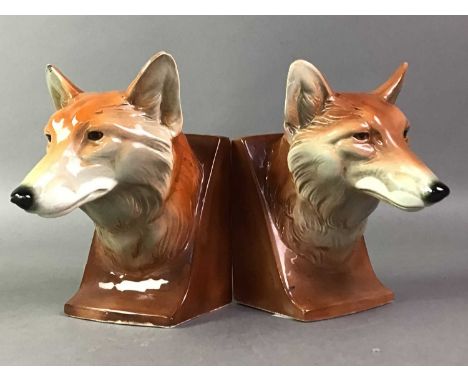 PAIR OF CERAMIC FOX BOOKENDS AND FURTHER CERAMIC FIGURES the bookends early 20th century, together with a Victorian Staffords
