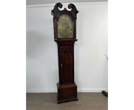 GEORGE III MAHOGANY LONGCASE CLOCK EARLY 19TH CENTURY  the broken swan neck pediment above fretted panels, the brass dial ins