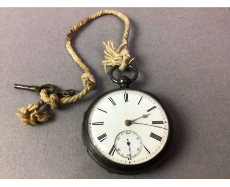 KEYWIND POCKET WATCH IN SILVER CASE the white enamel dial with Roman numerals and subsidiary seconds