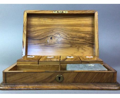 OLIVEWOOD PLAYING CARD BOX BAZAR VAUDOIS OF LAUSANNE the hinged cover opening to reveal a fitted interior with two open card 