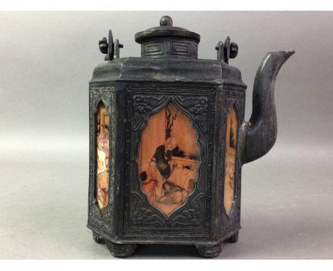 LATE 19TH/EARLY 20TH CENTURY CHINESE TEA POT  the tea pot with individual figural panels, along with two other tea pots. Tall