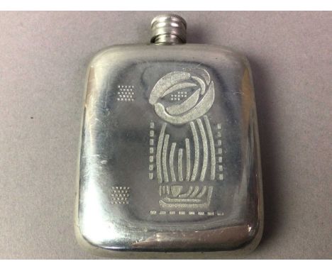 SILVER PLATED HIP FLASK AND OTHER ITEMS along with a Tengra figure, wooden box and other items