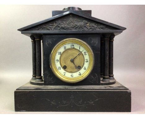 LATE VICTORIAN SLATE MANTEL CLOCK AND TWO OTHER MANTEL CLOCKS the slate mantel clock of architectural form, along with a Kund