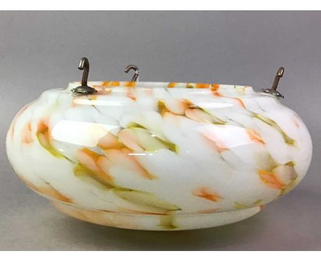 MARBLED GLASS CEILING LIGHT SHADE in colours of orange and green on a white ground 25cm diameter
