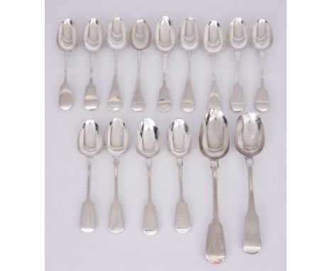 Nine Silver Fiddle Pattern Dessert Spoons and Other Flatware,&nbsp;the dessert spoons various makers and dates, four other de
