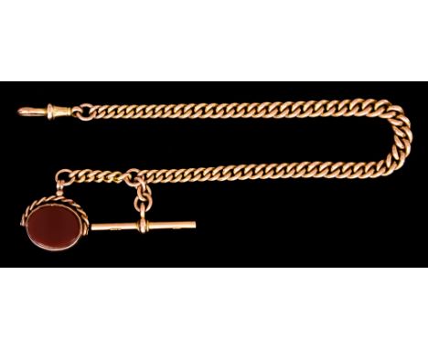 A 9ct Gold Graduated Flat Curb Link Albert Chain with T-bar and spinning carnelian and blood stone fob, each link hallmarked,