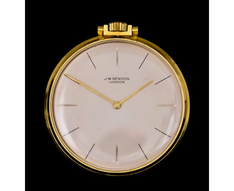 An 18ct Gold Cased Open Faced Keyless Evening Pocket Watch by J W Benson of London, 41mm diameter, silvered dial with black b