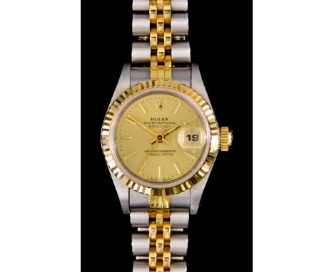 A Lady's Automatic Wristwatch by Rolex, Model Oyster Perpetual Datejust, 26ins diameter bi-metal case, gold coloured dial wit