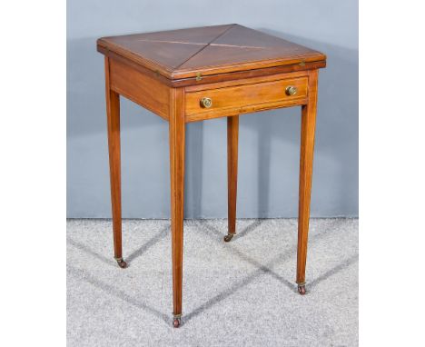 An Edwardian Mahogany and Inlaid Square Envelope Card Table, the top inlaid with boxwood stringings, enclosing baize lined in