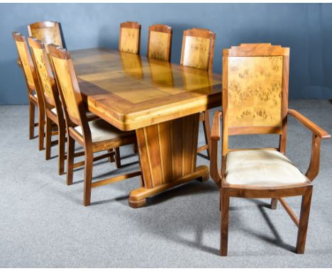 A 20th Century Walnut and Pippy Oak Refectory Table of "Art Deco" Design, by Mark Lineham, with square edge and cross banding