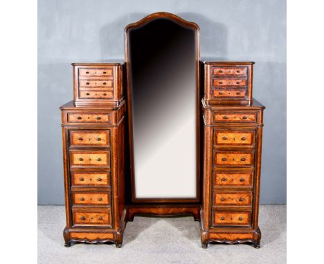 A Late 19th Century French Kingwood, Amboyna and Satinwood Pedestal Dressing Table, by Jeanselme Fils Godin et Cie, with moul