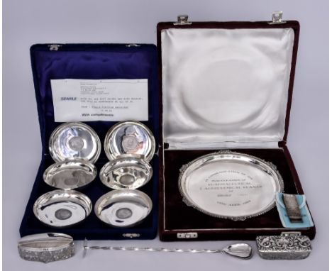 A Continental Silvery Metal Circular Waiter and Mixed Silverware, the waiter stamped Silver, with gadroon, floral and leaf-ca