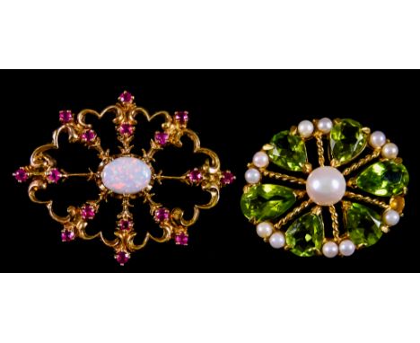 Two Gem Set Brooches, one set with pearls and faceted  peridot stones, the other set with a centre opal surrounded by small r