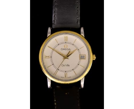 A Quartz Movement Wristwatch, by Omega, Model De Ville, bi-metal case, 34mm diameter, cream coloured dial with gold Roman and