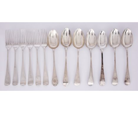 Six George III Silver Old English Pattern Table Forks and Mixed Flatware, the table forks various makers, London 1799 and 180