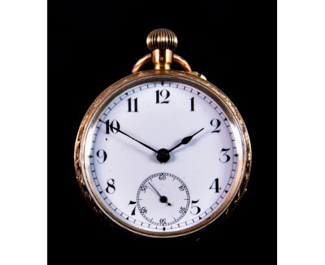 A 9ct Gold Half Hunting Cased Keyless Fob Watch, 32mm diameter, with 9ct gold dust cover, white enamel dial with black Arabic