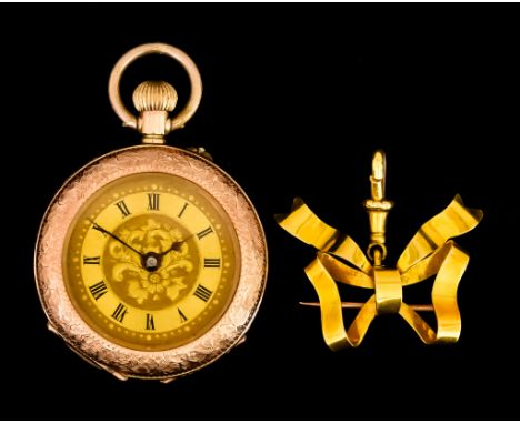 A 9ct Gold&nbsp;Half Hunting Cased&nbsp;Keyless Fob Watch, 32mm diameter, gold coloured dial with foliate work and black Roma