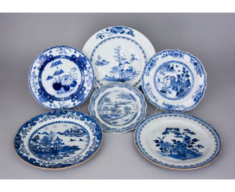 Six Chinese Blue and White Export Porcelain Plates with Various Painted Designs, including - fenced garden with rockwork and 